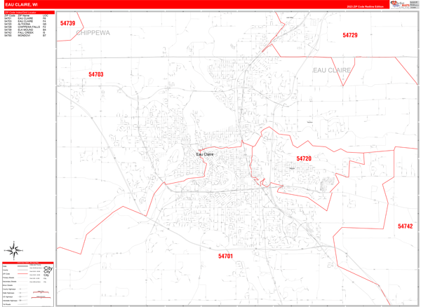 Eau Claire Wisconsin Zip Code Wall Map (Red Line Style) by MarketMAPS ...