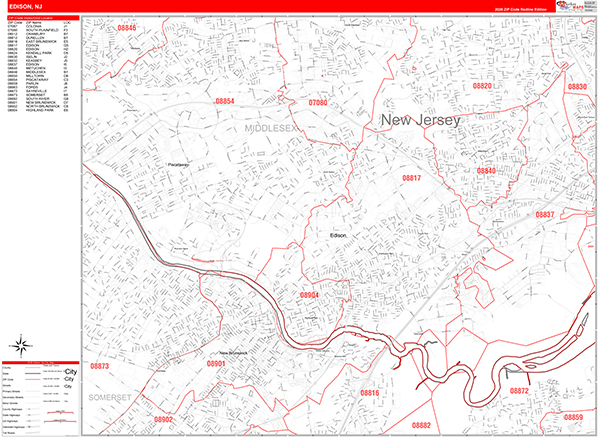 Edison City Wall Map Red Line Style