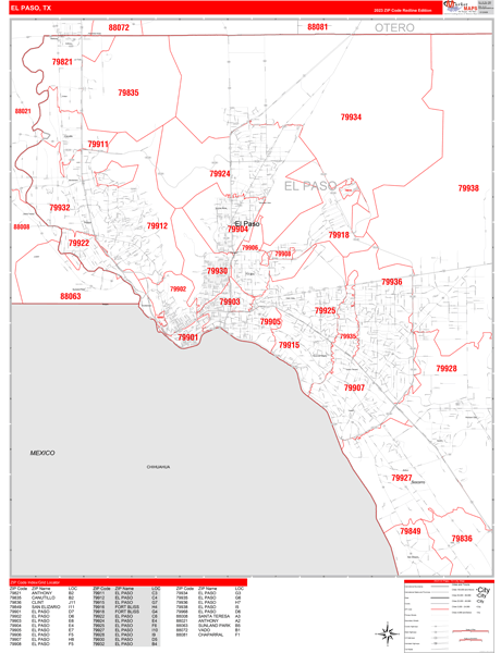 El Paso Texas Zip Code Wall Map (Red Line Style) by MarketMAPS - MapSales