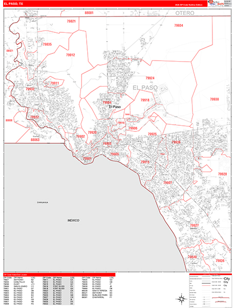 El Paso Texas Zip Code Wall Map (Red Line Style) by MarketMAPS - MapSales