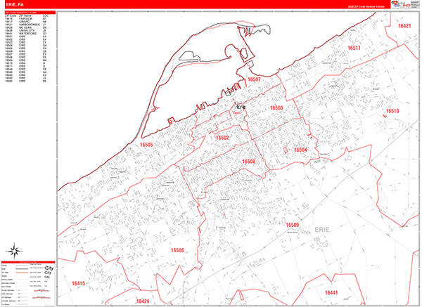 Erie City Wall Map Red Line Style