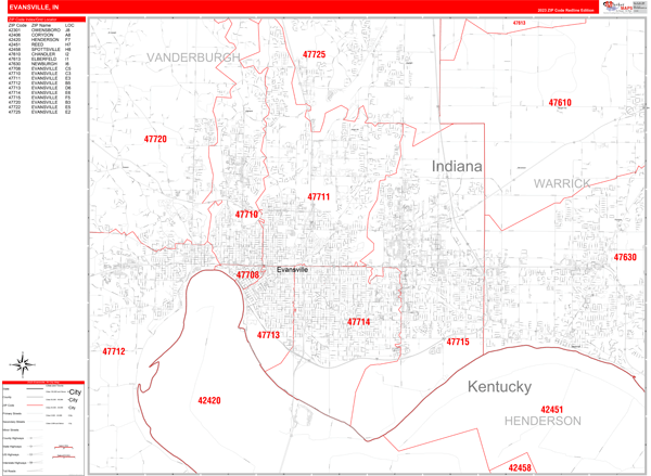 Evansville City Wall Map Red Line Style