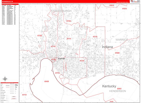 Evansville City Wall Map Red Line Style
