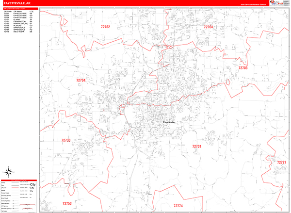 Fayetteville City Wall Map Red Line Style