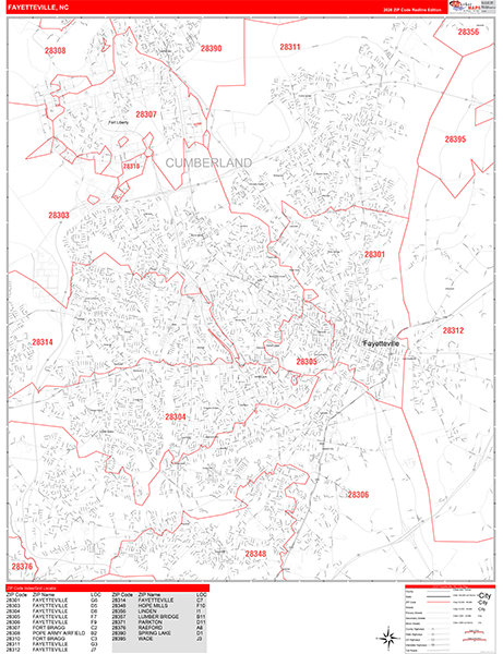 Fayetteville City Wall Map Red Line Style
