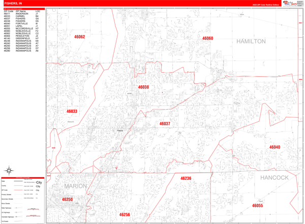 Fishers City Wall Map Red Line Style