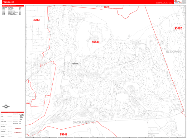 Folsom City Wall Map Red Line Style