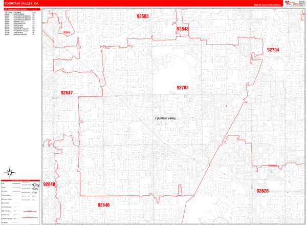 Fountain Valley, CA Zip Code Wall Map - Red Line