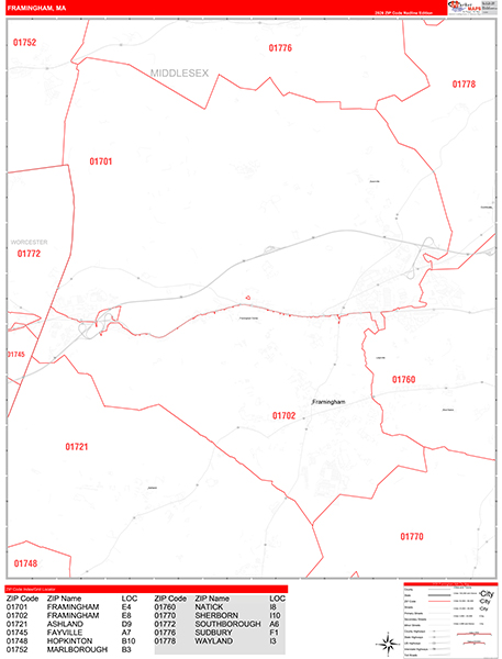 Framingham City Wall Map Red Line Style