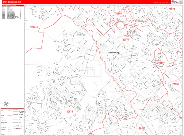 Gaithersburg Wall Map Red Line Style