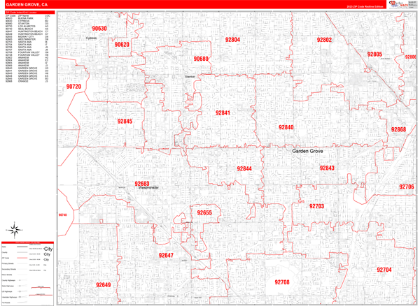 Garden Grove California Zip Code Wall Map (Red Line Style) by ...