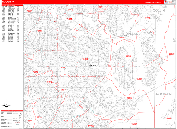 Garland City Wall Map Red Line Style