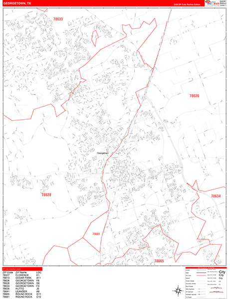Georgetown City Wall Map Red Line Style