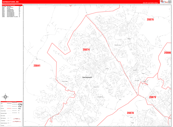 Germantown City Wall Map Red Line Style