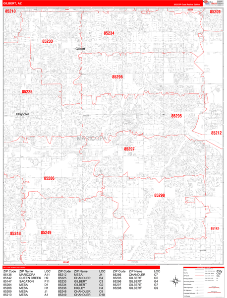 Gilbert City Wall Map Red Line Style