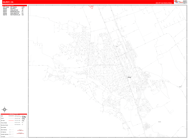 Gilroy City Wall Map Red Line Style
