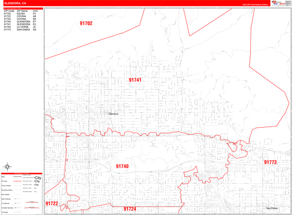 Glendora City Wall Map Red Line Style