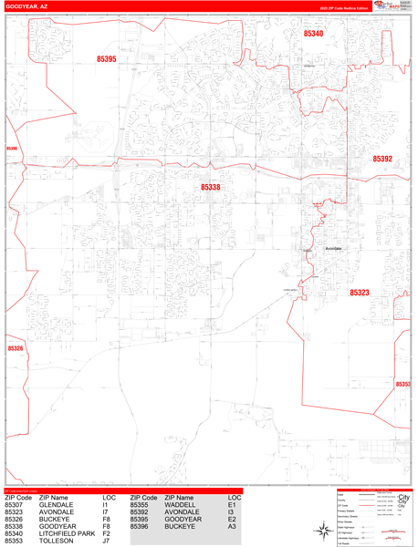 Goodyear City Wall Map Red Line Style