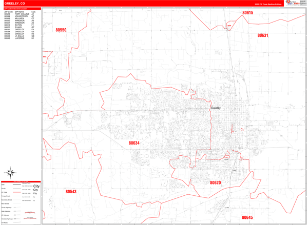 Greeley City Wall Map Red Line Style