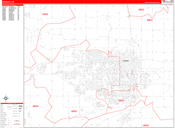 Greeley City Wall Map Red Line Style