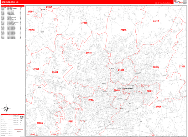 Greensboro City Wall Map Red Line Style