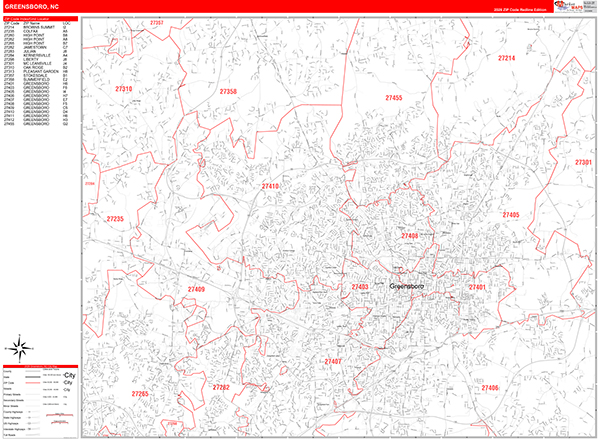 Greensboro City Wall Map Red Line Style