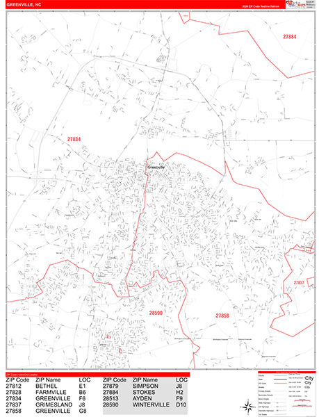 Greenville City Wall Map Red Line Style