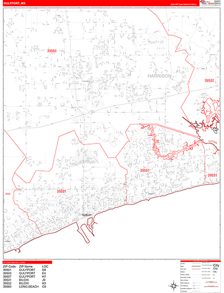 Gulfport City Wall Map Red Line Style