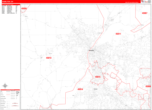 Hamilton City Wall Map Red Line Style