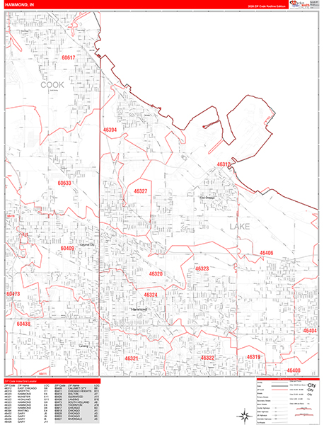 Hammond City Wall Map Red Line Style