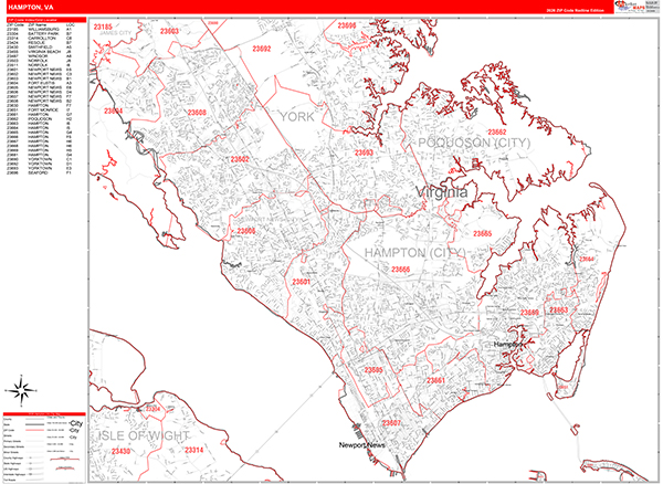 Hampton Wall Map Red Line Style