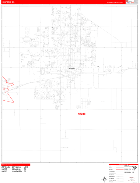 Hanford City Wall Map Red Line Style