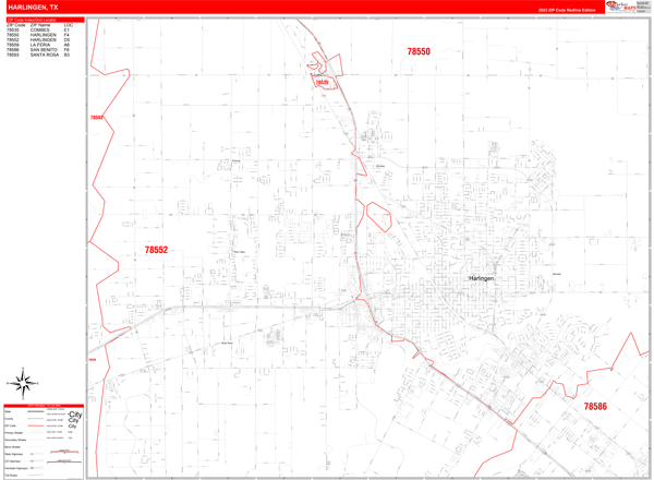 Harlingen City Wall Map Red Line Style