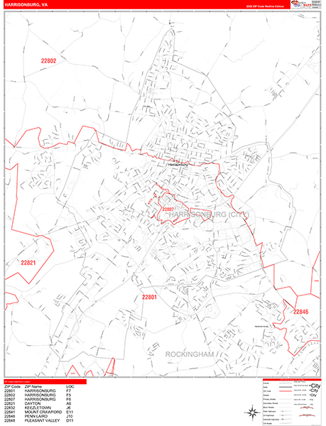 Harrisonburg Wall Map Red Line Style