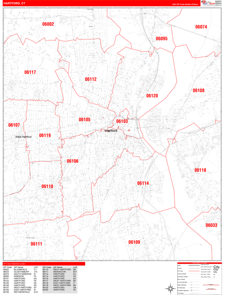 Hartford City Digital Map Red Line Style