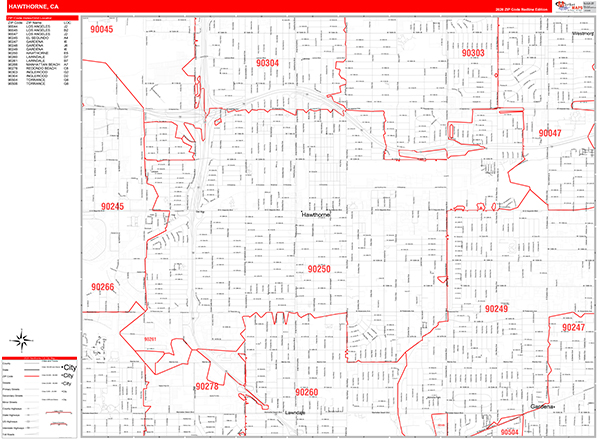 Hawthorne City Wall Map Red Line Style