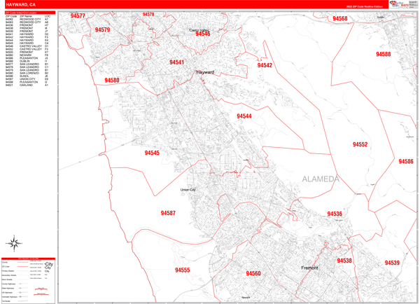 Hayward City Wall Map Red Line Style
