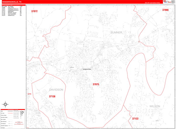 Hendersonville City Wall Map Red Line Style