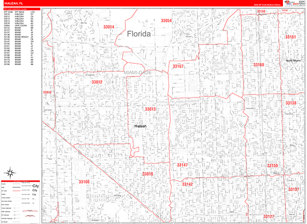Hialeah City Wall Map Red Line Style