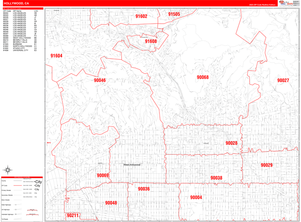 Hollywood City Digital Map Red Line Style