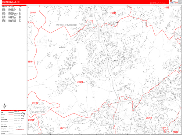 Huntersville City Wall Map Red Line Style