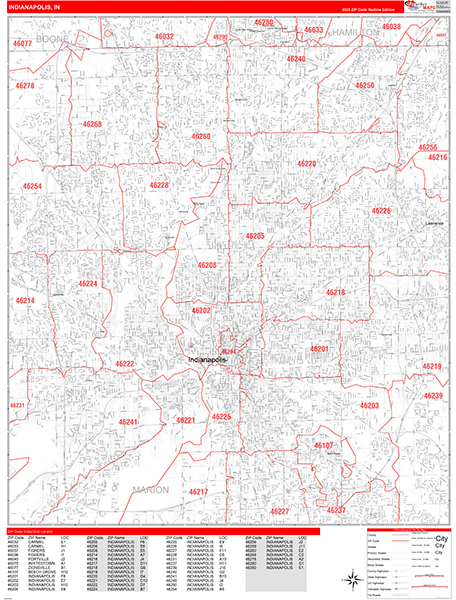 Indianapolis City Wall Map Red Line Style