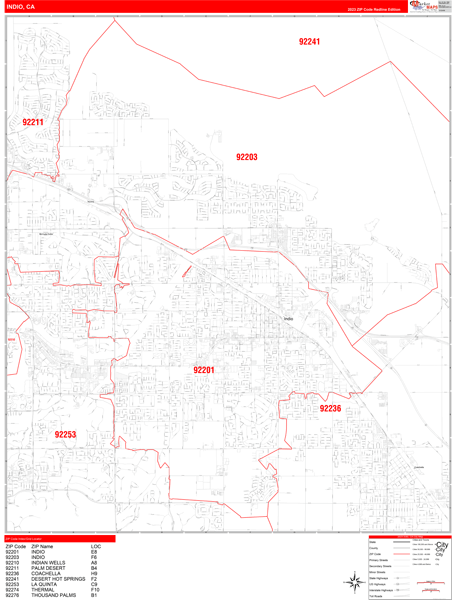 Indio City Wall Map Red Line Style