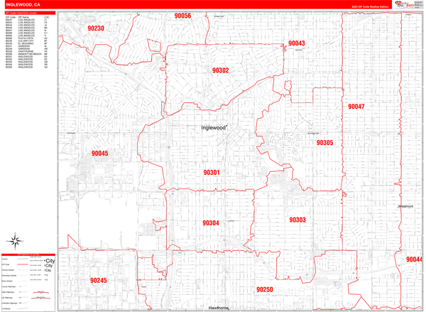 Inglewood City Wall Map Red Line Style