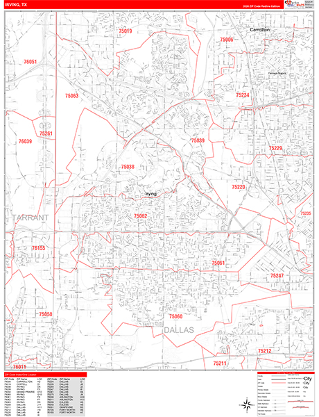 Irving City Wall Map Red Line Style