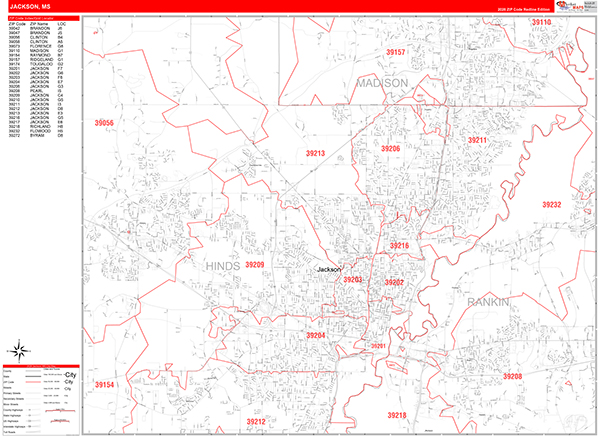 Jackson City Wall Map Red Line Style