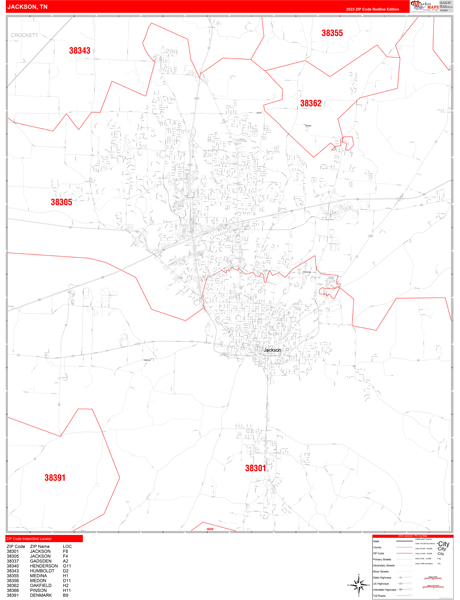 Jackson City Wall Map Red Line Style