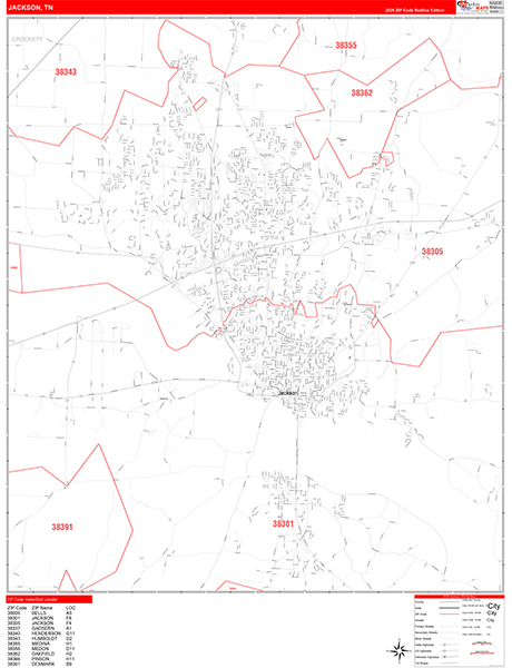 Jackson City Wall Map Red Line Style