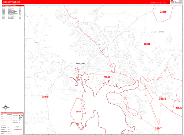 Jacksonville City Wall Map Red Line Style