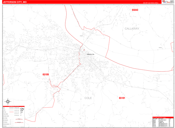 Jefferson City, MO Zip Code Wall Map - Red Line